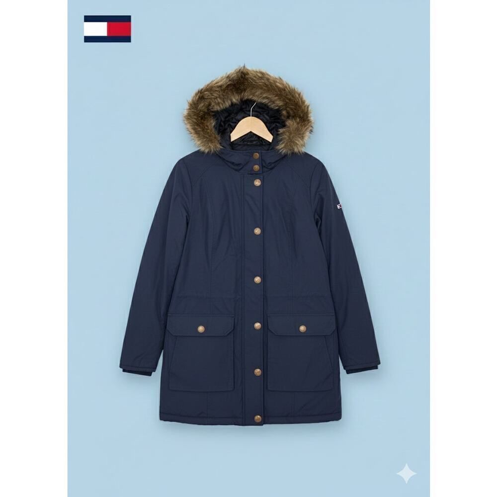 Tommy Hilfiger Women’s Fur Hooded Hidden Zip Snap Pockets Winter Coat Jacket M
